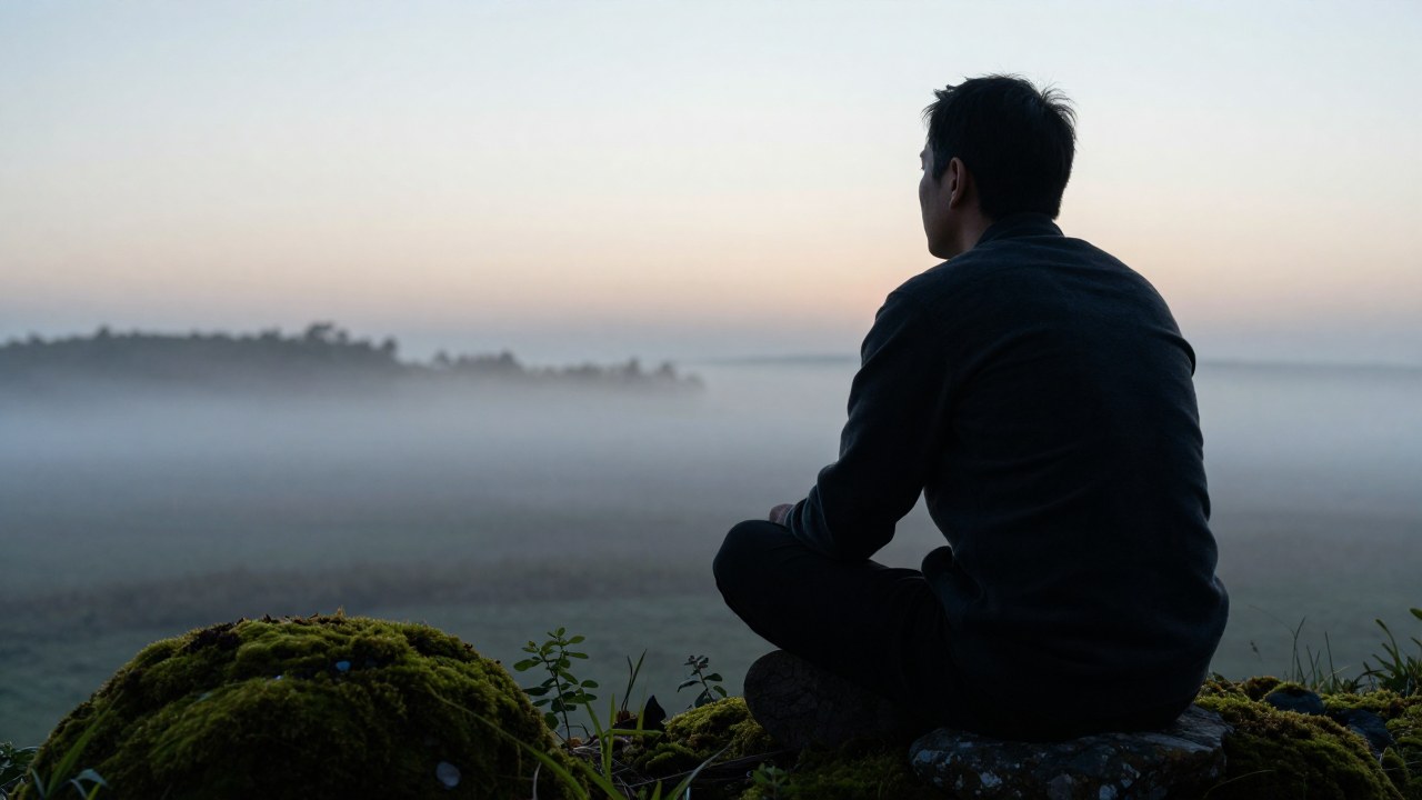 Una persona sentada en un marco de ventana contemplando un paisaje brumoso y sereno.