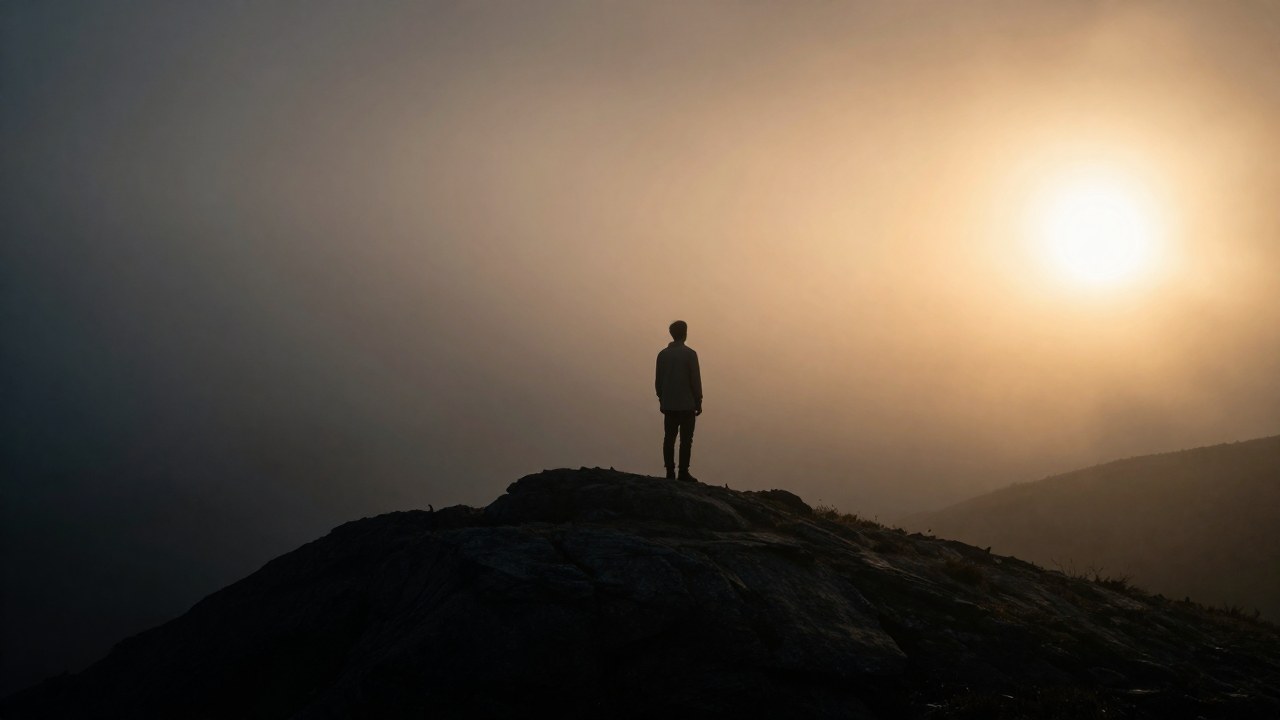 Una figura solitaria de perfil en la cima de una colina mira un horizonte bañado por la luz dorada y la niebla.