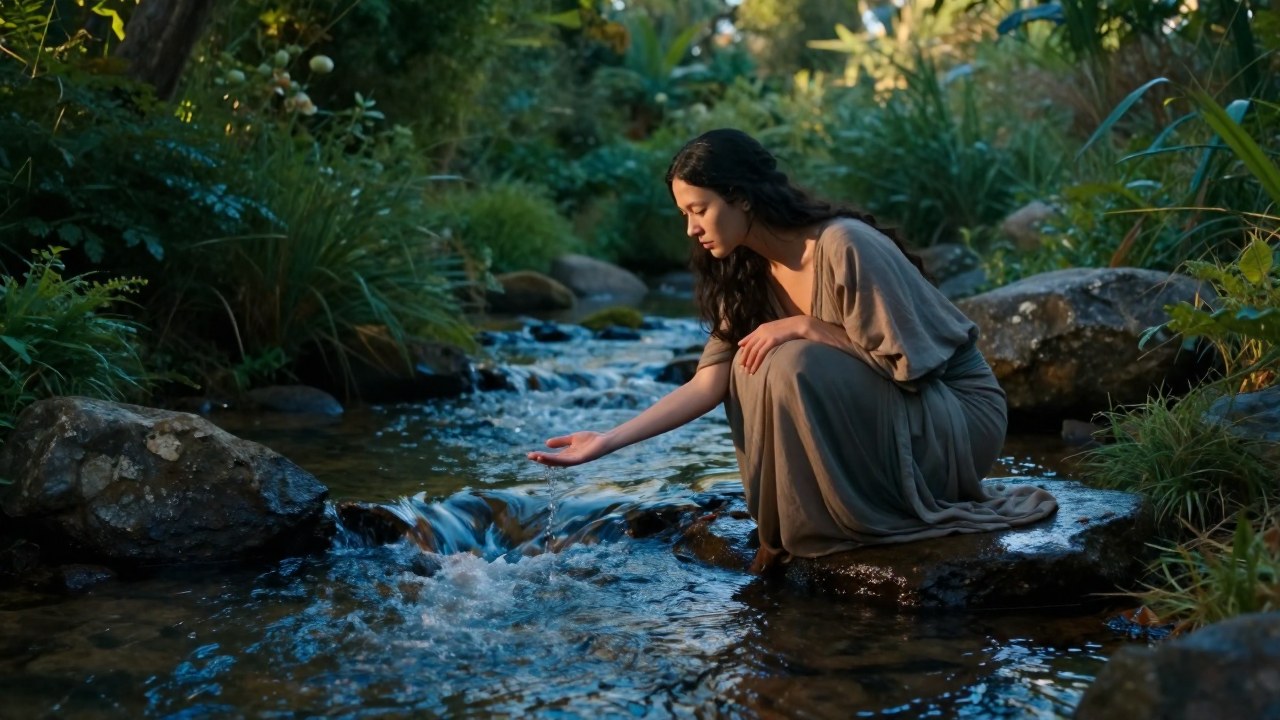 Mujer junto a un arroyo natural, extendiendo la mano en un entorno sereno.