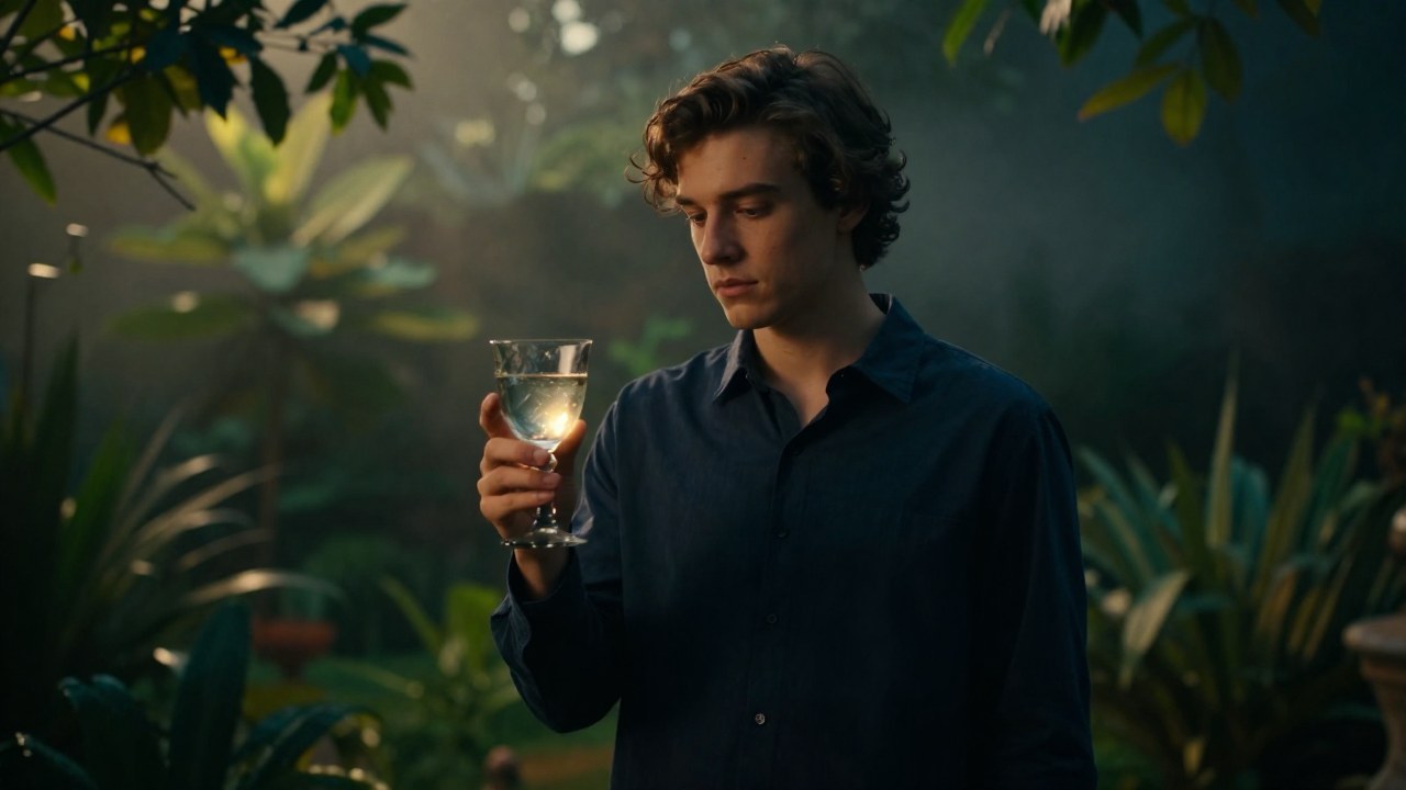 Joven contemplativo sostiene una copa antigua con luz, en el ambiente de un jardín frondoso.