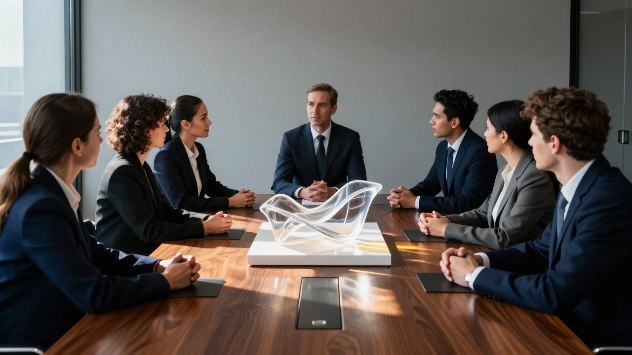 Grupo de ejecutivos en sala de juntas revisando un modelo conceptual de una propuesta de negocio.