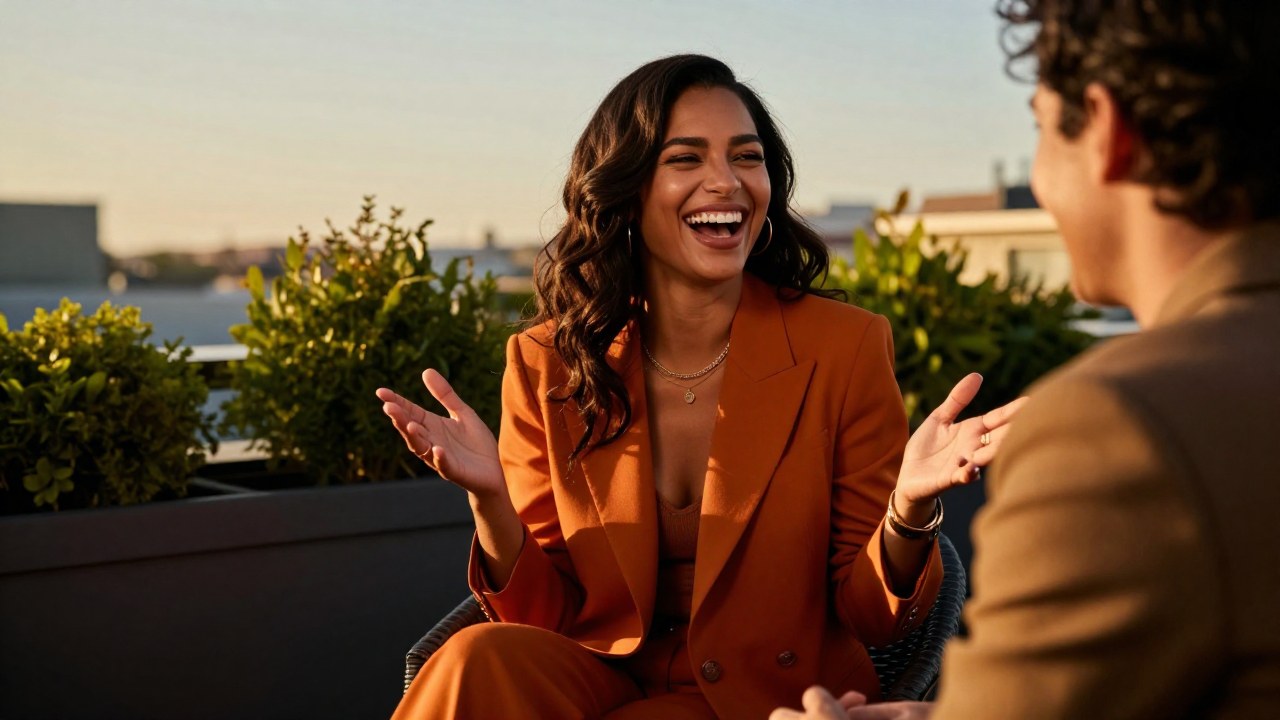 Mujer y su pareja conversando y riendo en una elegante terraza de azotea.