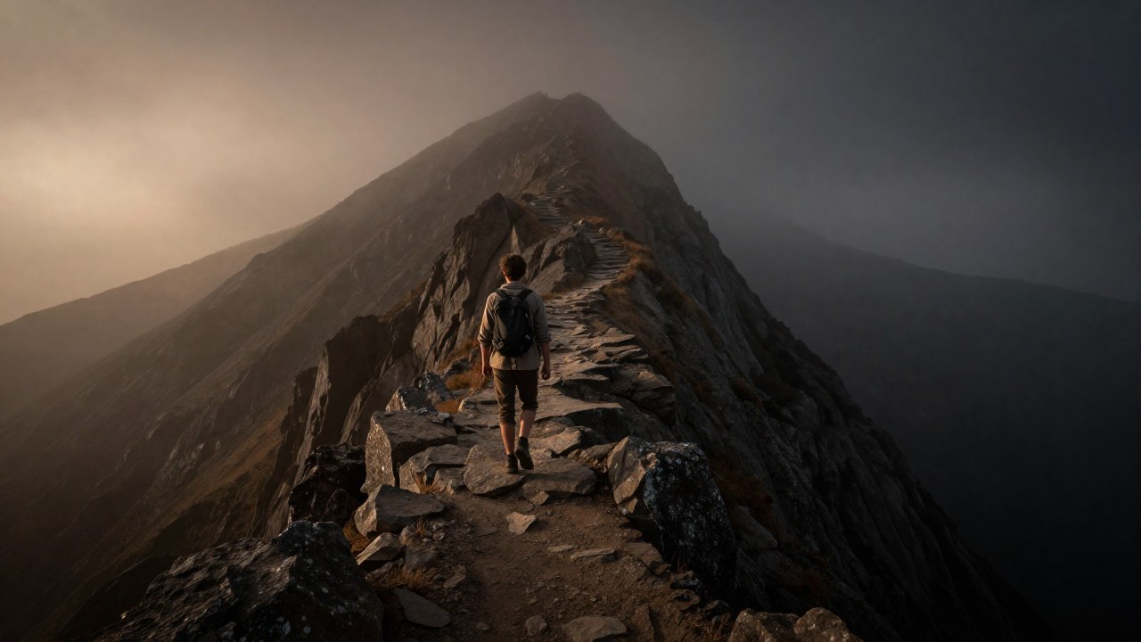Figura solitaria que inicia un difícil ascenso en un vasto paisaje montañoso envuelto en niebla.