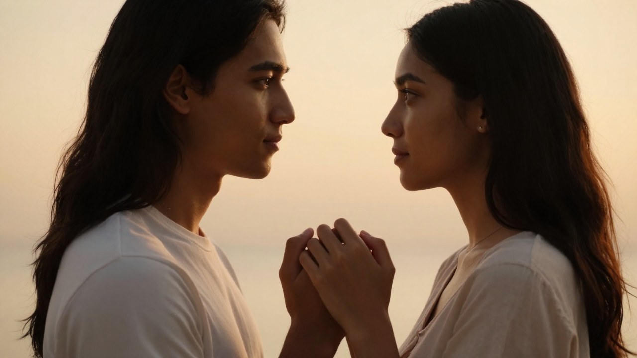 Una pareja diversa se mira con contacto visual profundo mientras sus manos están entrelazadas.