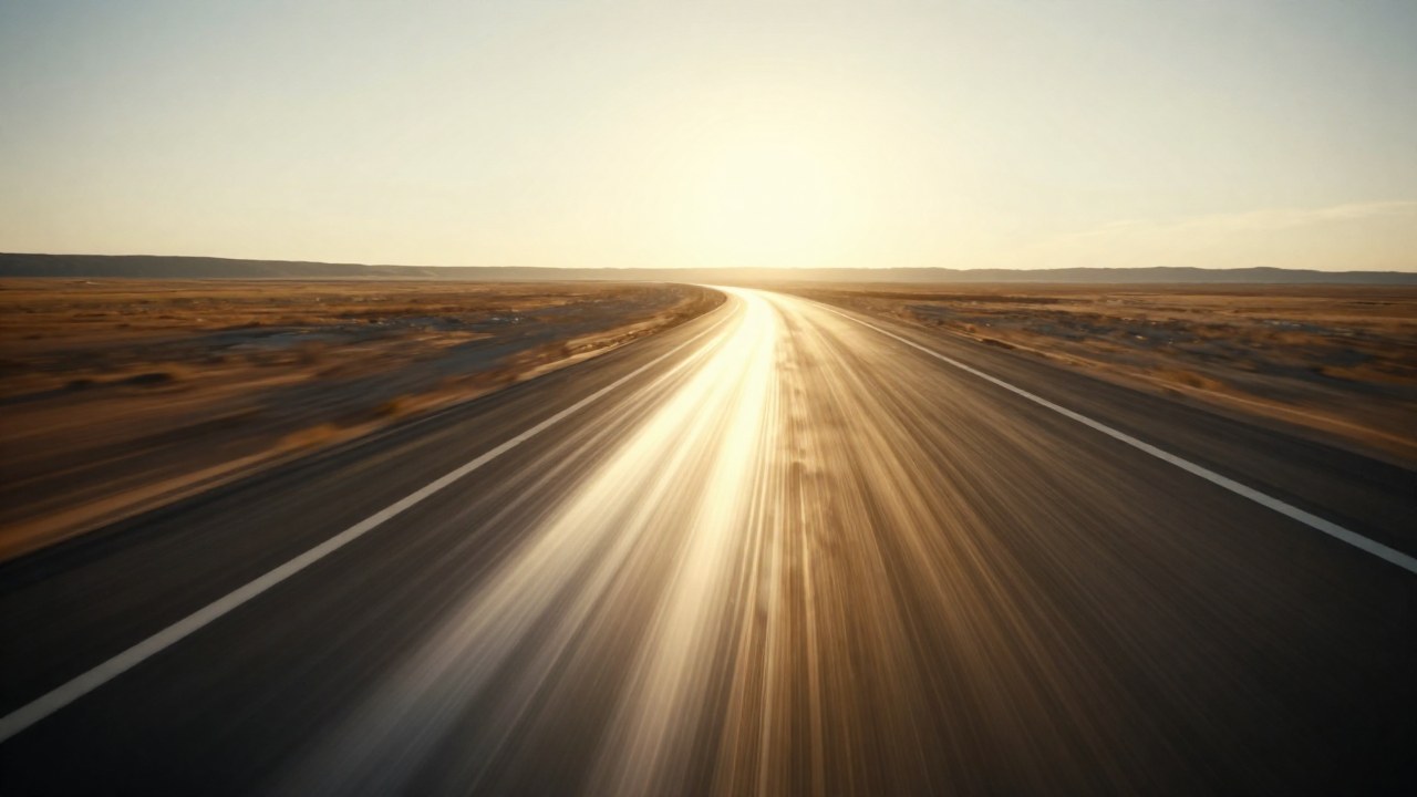 Una intensa estela de luz avanza velozmente sobre un amplio paisaje hacia un horizonte brillante.