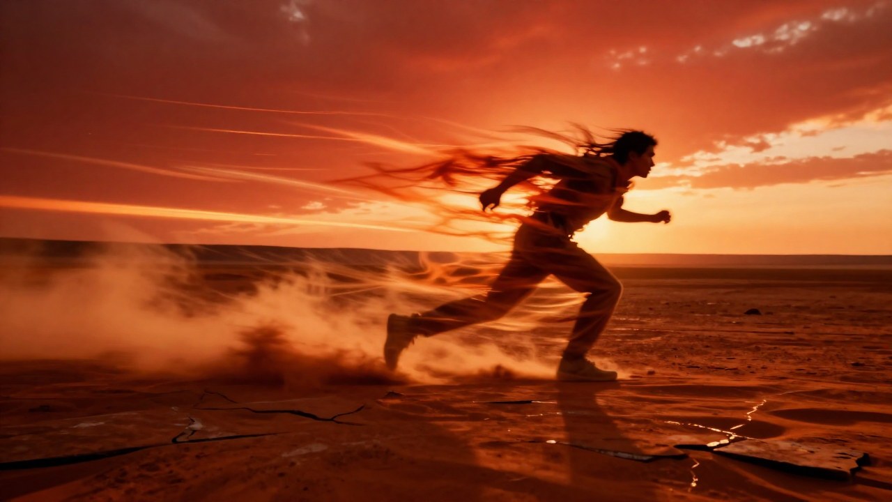 Energía abstracta en movimiento rápido sobre un vasto paisaje árido, simbolizando avance imparable.