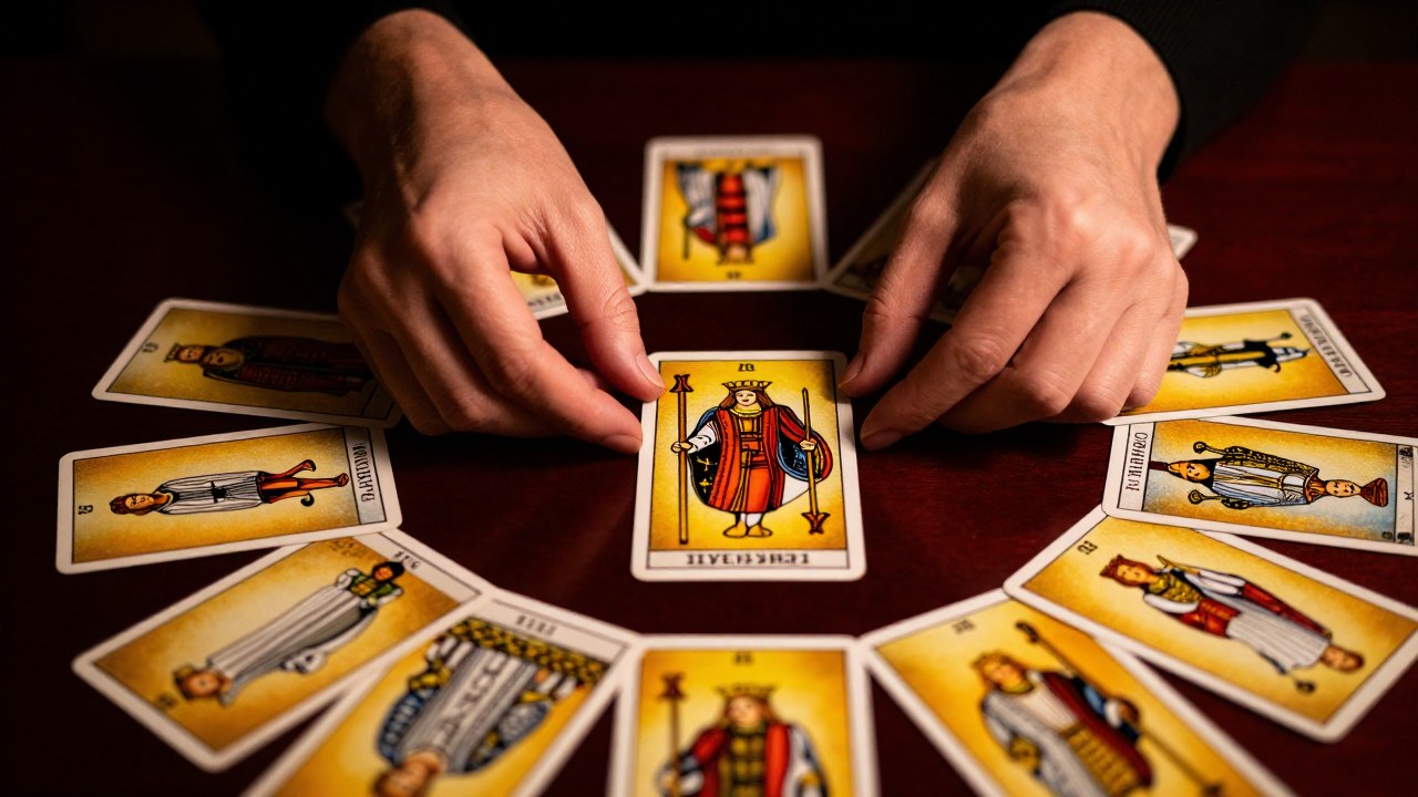 Manos de tarot organizando una tirada de cartas, enfocándose en el Rey de Bastos.
