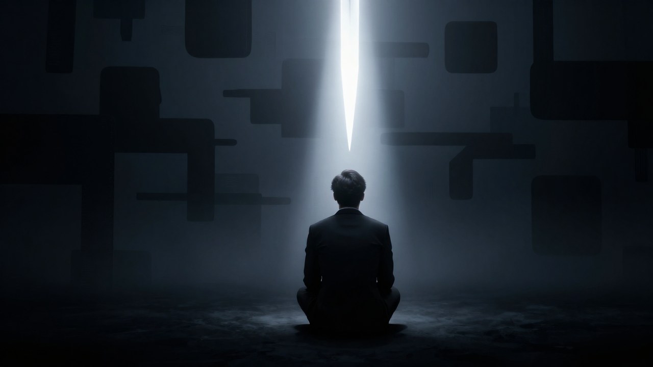 Una figura contempla una compleja neblina de formas, iluminada por un haz de luz decisivo.