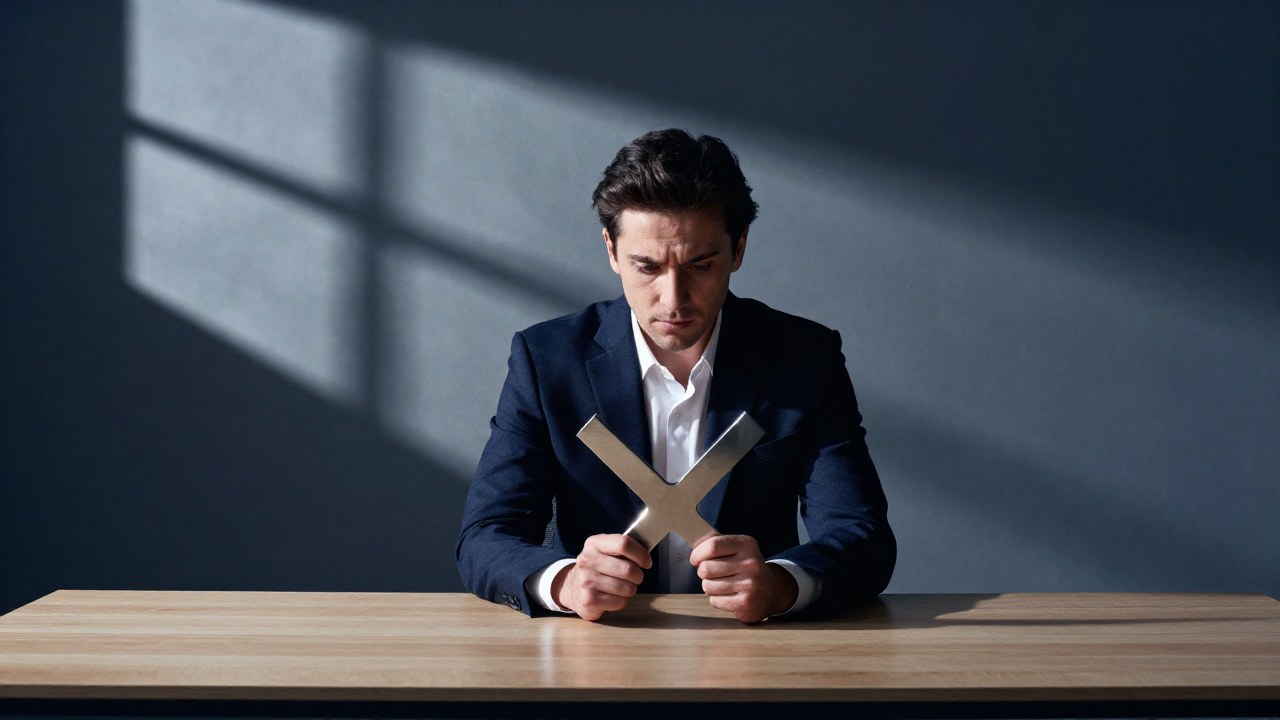 Persona profesional sosteniendo un objeto abstracto en un escritorio, representando un momento de decisión crucial.