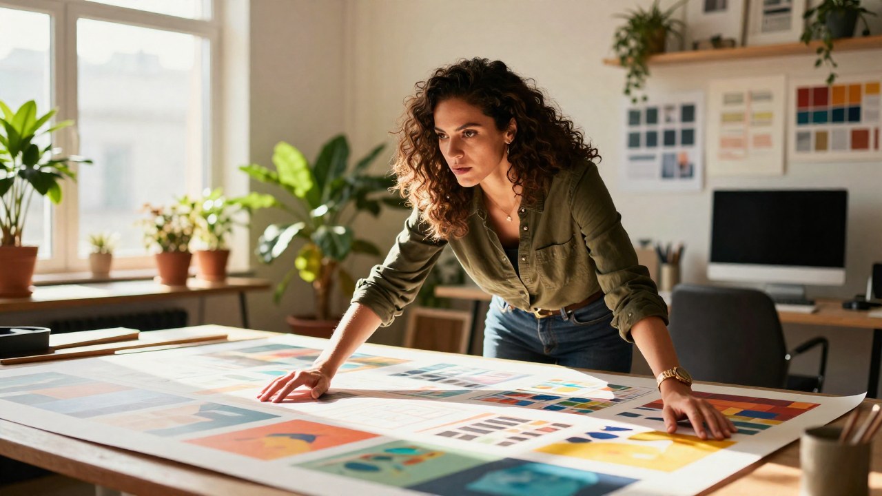 Mujer concentrada en un proyecto creativo en un estudio moderno.