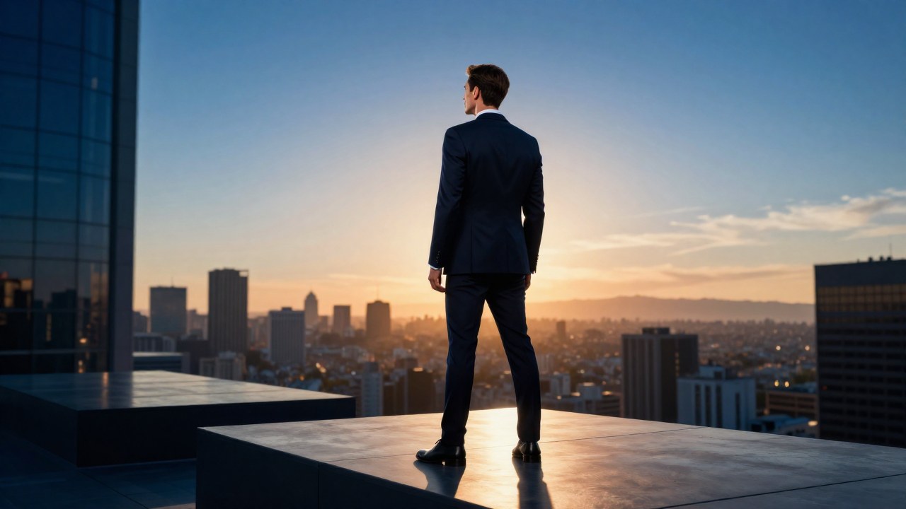 Un líder en traje de negocios observa el horizonte urbano desde una plataforma al amanecer.