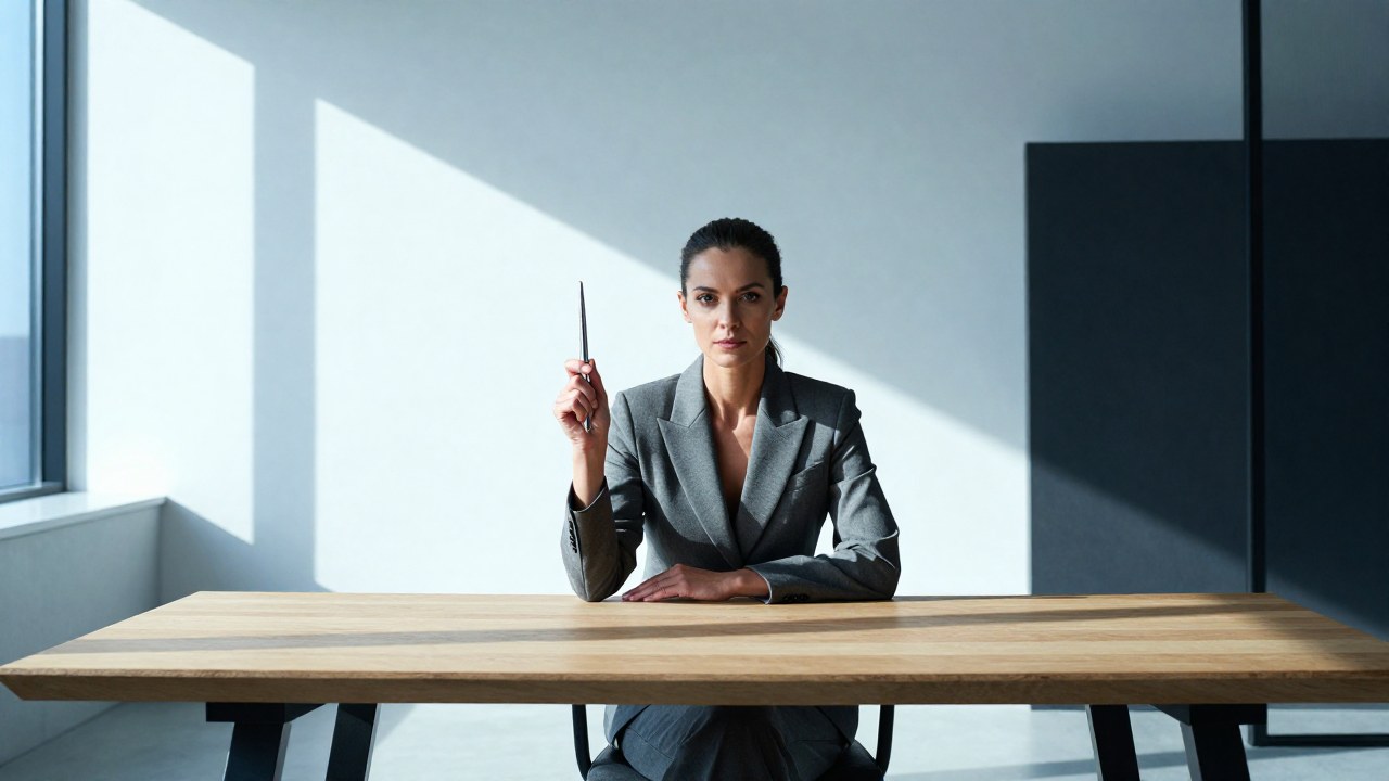 Mujer vestida con traje gris sentada en una mesa minimalista de estudio, mirando directamente al espectador.