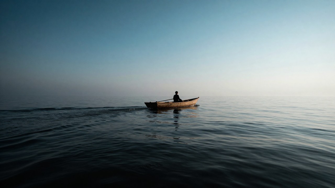 Una figura solitaria en una pequeña barca navega desde aguas turbulentas y oscuras hacia un horizonte tranquilo y luminoso.