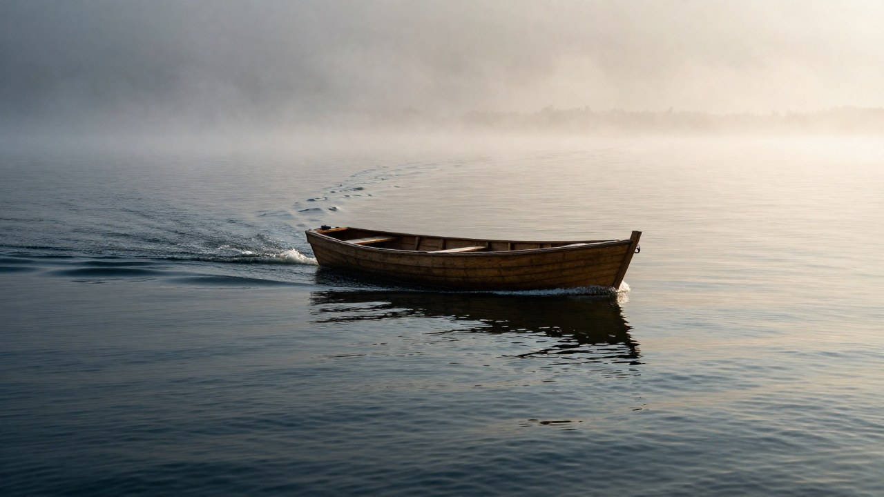 Un bote de madera navega de aguas oscuras y turbulentas hacia un horizonte de luz y claridad.