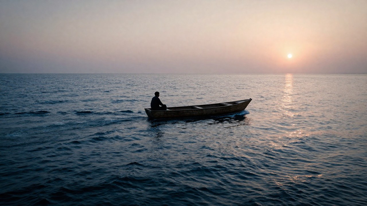 Una persona en un bote navega de aguas agitadas y oscuras a un horizonte tranquilo al amanecer.