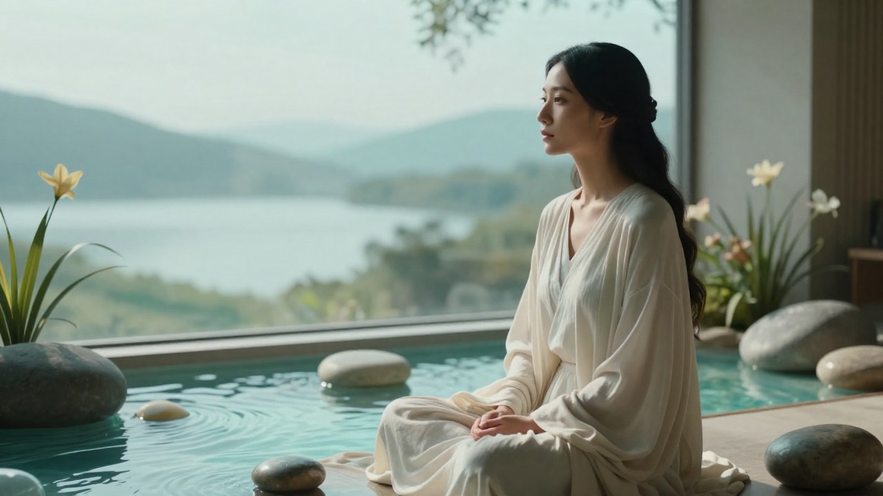 Mujer contemplativa en un espacio minimalista rodeada de elementos naturales como piedras y agua.