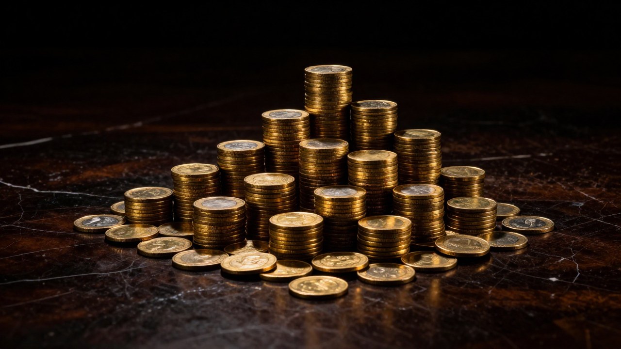 Acumulación organizada de monedas de oro y artefactos financieros que simbolizan estabilidad y crecimiento.