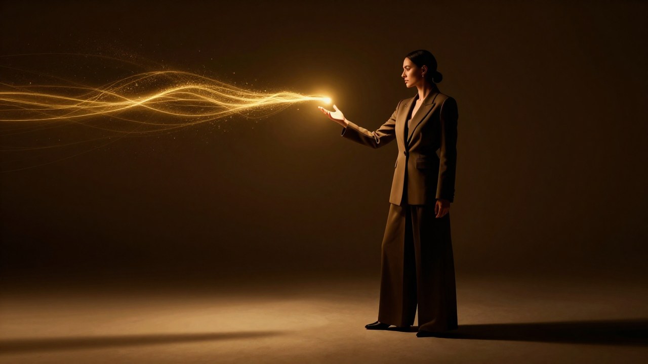 Una figura elegante en un entorno minimalista extiende la mano hacia un sutil flujo de luz dorada.