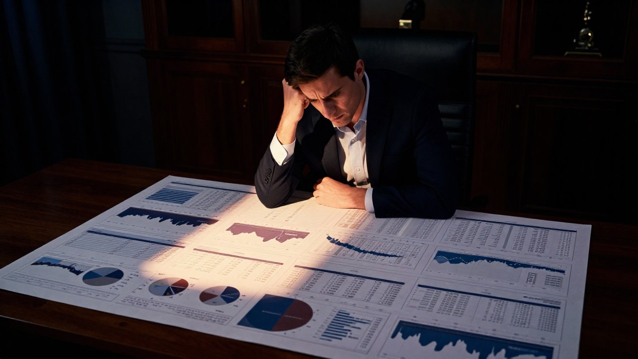 Analista financiero contemplativo examina un complejo modelo de datos en una mesa de oficina.