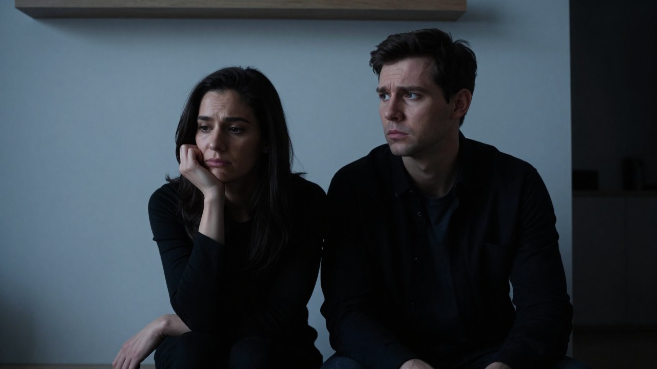 Una pareja en un interior minimalista que refleja tensión emocional y distancia entre ellos.