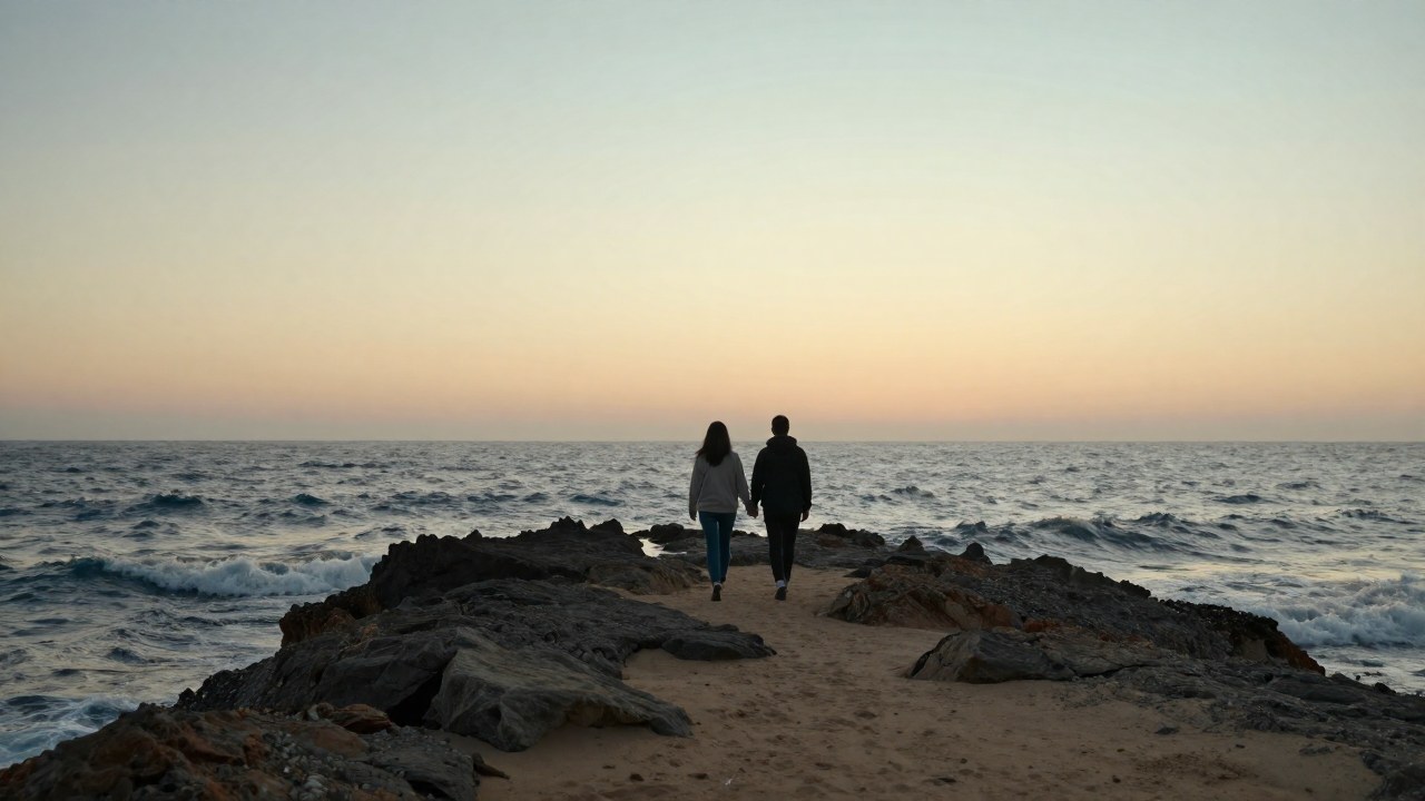 Pareja caminando de la mano, alejándose de aguas turbulentas hacia un horizonte de amanecer sereno.
