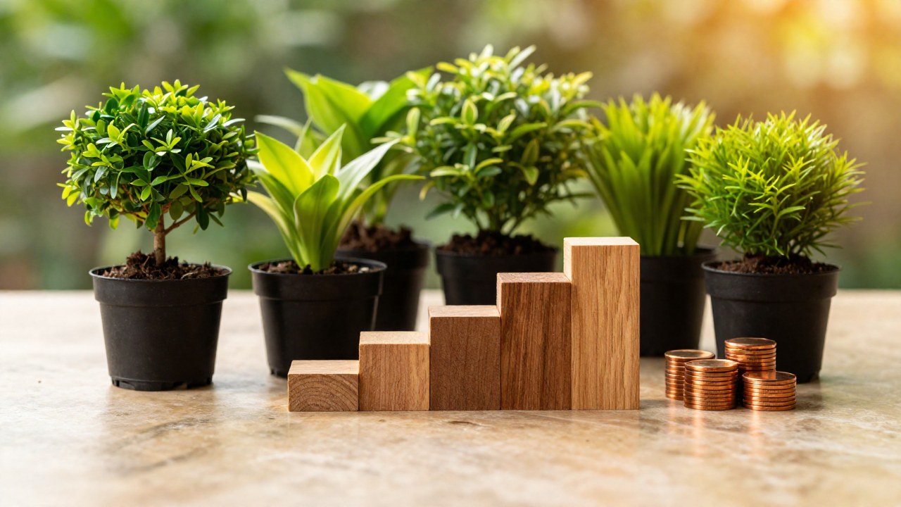 Plantas y árboles prosperando al lado de elementos de planificación financiera, simbolizando crecimiento a largo plazo.