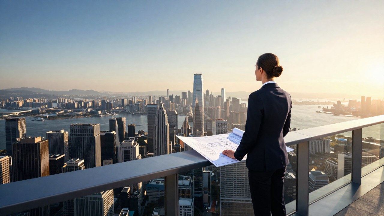 Profesional de pie en balcón moderno, observa una vasta ciudad global al amanecer junto a un plano arquitectónico.