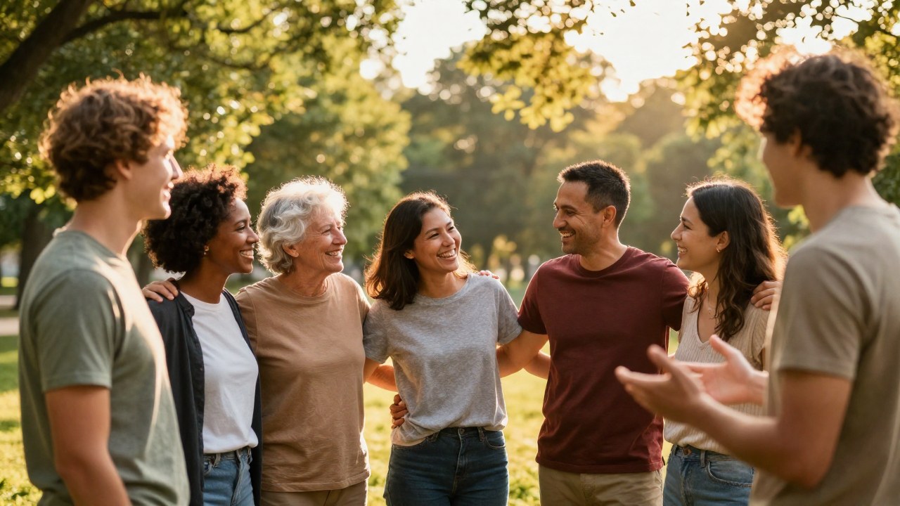 Grupo diverso de personas compartiendo un momento de conexión y alegría en un parque al aire libre.