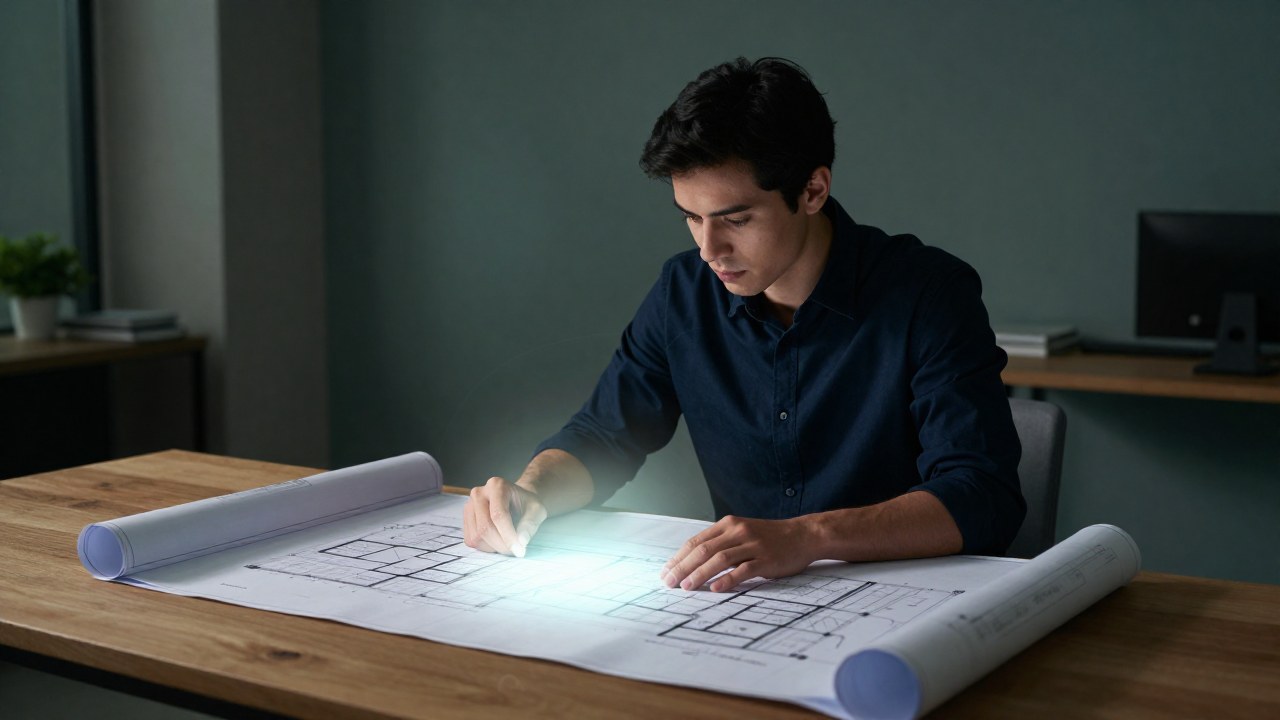 Una persona concentrada revisa planos arquitectónicos complejos sobre un escritorio de trabajo moderno.