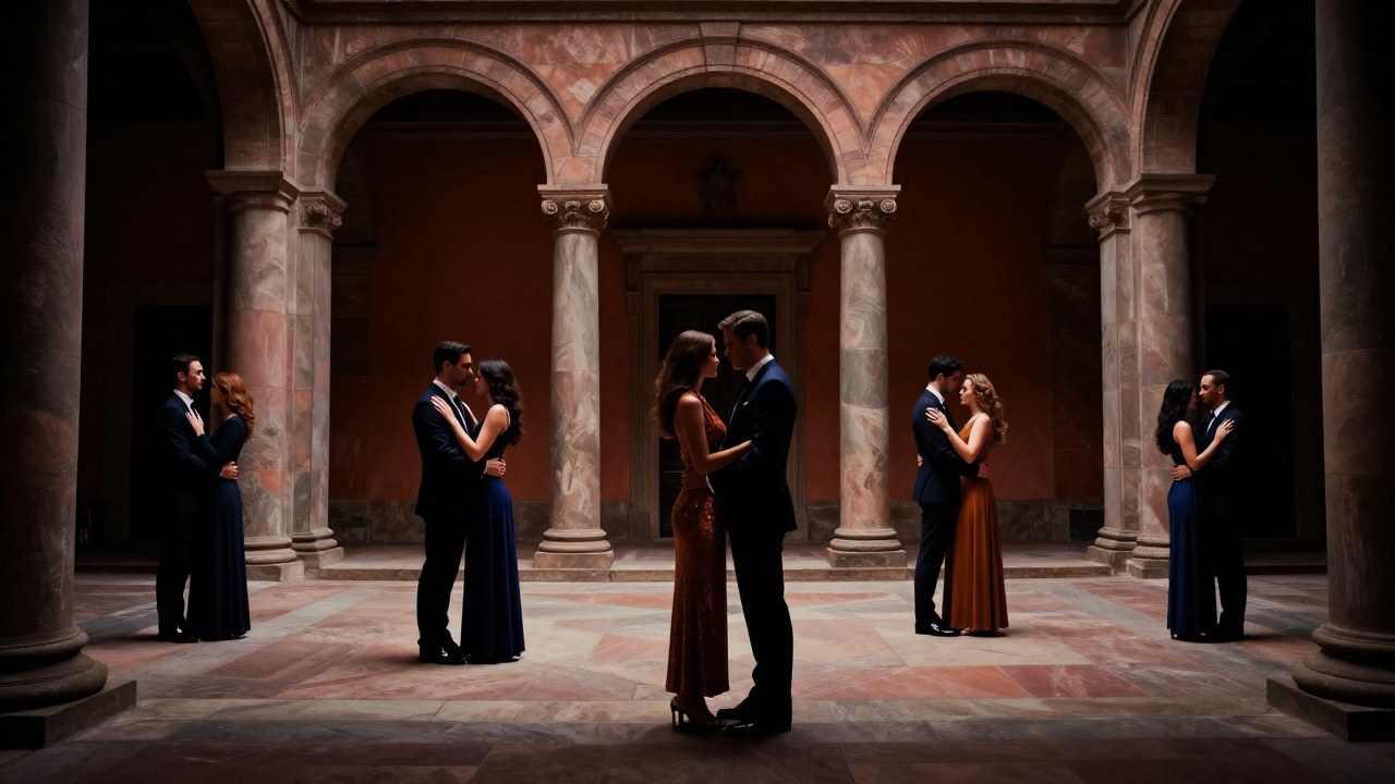 Parejas diversas en un patio arquitectónico neoclásico, mostrando posturas de compromiso e intimidad.