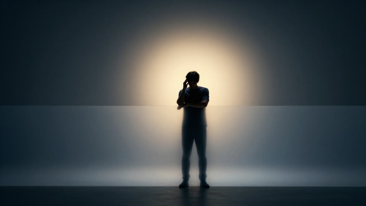 Figura solitaria en contemplación, separada por una neblina de una fuente de luz dorada.