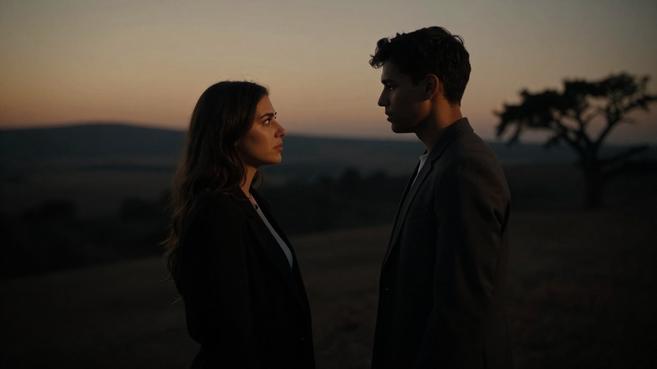 Pareja joven en conversación profunda dentro de un vasto paisaje al atardecer.