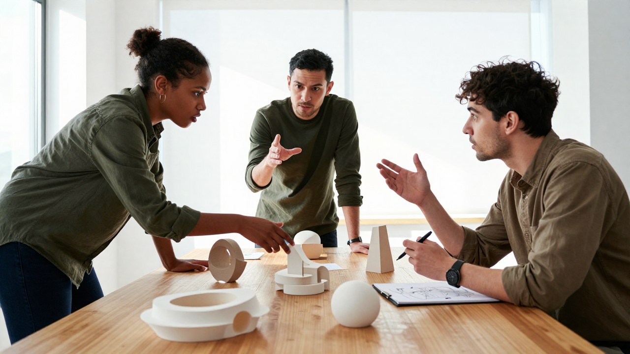 Tres profesionales colaboran en un estudio de diseño, debatiendo ideas sobre modelos y prototipos físicos.