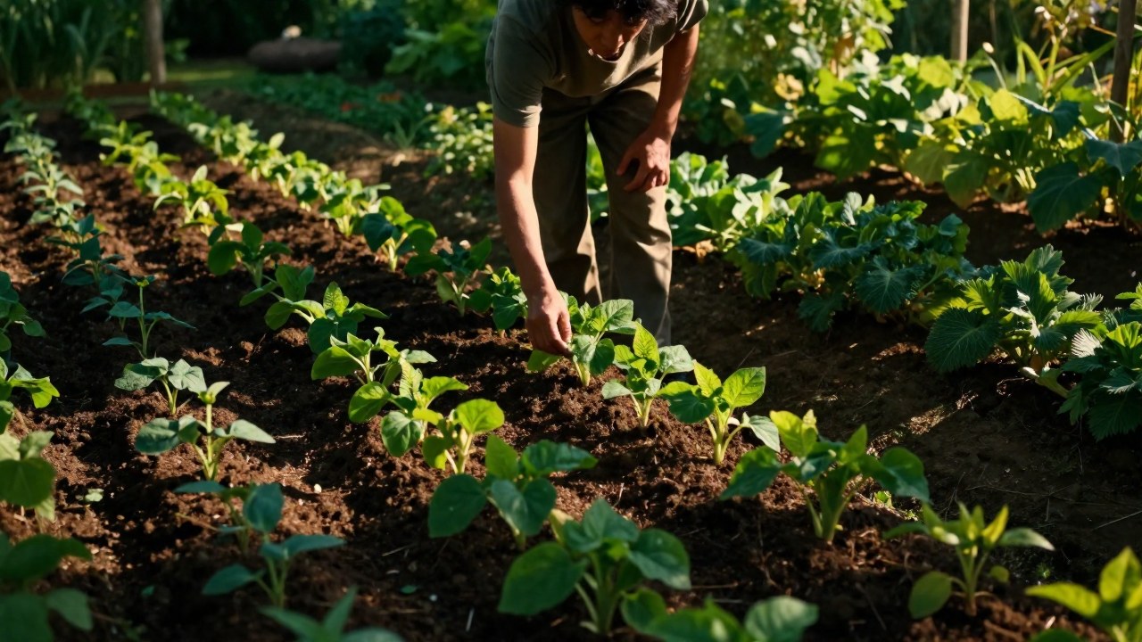Persona inspecciona cultivos en un jardín, evaluando el desarrollo en diferentes etapas de las plantas.